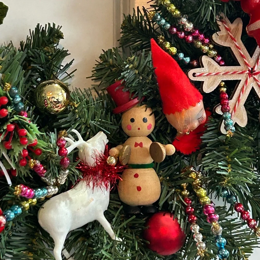 Vintage Repurposed Festive Holiday Wreath with Red Accents - Picture 2 of 10